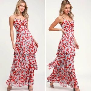 Lulus Dress Lovely Floral Maxi Tiered Red Blue Size XL Wedding Party Shower NWT